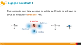 Ligação covalente I
Representação, com base na regra do octeto, da fórmula de estrutura de
Lewis da molécula de amoníaco, NH3:
2 eletrões
8 eletrões
2 eletrões
2 eletrões
 