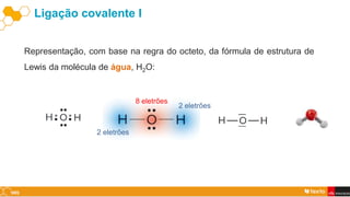 Ligação covalente I
Representação, com base na regra do octeto, da fórmula de estrutura de
Lewis da molécula de água, H2O:
2 eletrões
8 eletrões
2 eletrões
 
