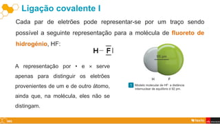 Ligação covalente I
Cada par de eletrões pode representar-se por um traço sendo
possível a seguinte representação para a molécula de fluoreto de
hidrogénio, HF:
A representação por • e × serve
apenas para distinguir os eletrões
provenientes de um e de outro átomo,
ainda que, na molécula, eles não se
distingam.
Modelo molecular de HF: a distância
internuclear de equilíbrio é 92 pm.
1
 