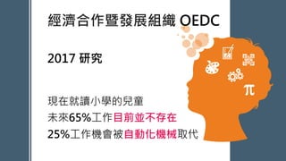 經濟合作暨發展組織 OEDC
PowerPoint Presentation
2017 研究
現在就讀小學的兒童
未來65%工作目前並不存在
25%工作機會被自動化機械取代
 