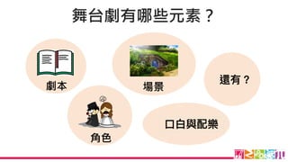 舞台劇有哪些元素？
劇本
角色
場景
⼝口⽩白與配樂
還有？
 