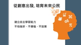 PowerPoint Presentation
從創意出發, 培育未來公民
建立自主學習能力
不怕挫折、不懊惱、不放棄
 