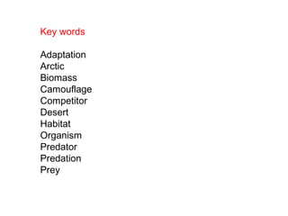 Key words
Adaptation
Arctic
Biomass
Camouflage
Competitor
Desert
Habitat
Organism
Predator
Predation
Prey
 