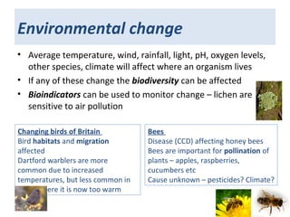 Environmental change
• Average temperature, wind, rainfall, light, pH, oxygen levels,
other species, climate will affect where an organism lives
• If any of these change the biodiversity can be affected
• Bioindicators can be used to monitor change – lichen are
sensitive to air pollution
Changing birds of Britain
Bird habitats and migration
affected
Dartford warblers are more
common due to increased
temperatures, but less common in
Spain where it is now too warm
Bees
Disease (CCD) affecting honey bees
Bees are important for pollination of
plants – apples, raspberries,
cucumbers etc
Cause unknown – pesticides? Climate?
 