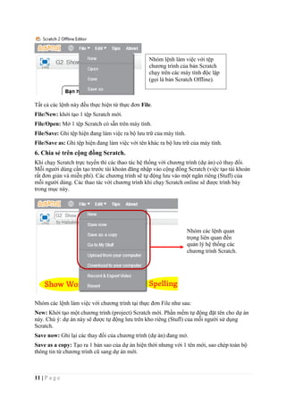 11 | P a g e
Tất cả các lệnh này đều thực hiện từ thực đơn File.
File/New: khởi tạo 1 tệp Scratch mới.
File/Open: Mở 1 tệp Scratch có sẵn trên máy tính.
File/Save: Ghi tệp hiện đang làm việc ra bộ lưu trữ của máy tính.
File/Save as: Ghi tệp hiện đang làm việc với tên khác ra bộ lưu trữ của máy tính.
6. Chia sẻ trên cộng đồng Scratch.
Khi chạy Scratch trực tuyến thì các thao tác hệ thống với chương trình (dự án) có thay đổi.
Mỗi người dùng cần tạo trước tài khoản đăng nhập vào cộng đồng Scratch (việc tạo tài khoản
rất đơn giản và miễn phí). Các chương trình sẽ tự động lưu vào một ngăn riêng (Stufl) của
mỗi người dùng. Các thao tác với chương trình khi chạy Scratch online sẽ được trình bày
trong mục này.
Nhóm các lệnh làm việc với chương trình tại thực đơn File như sau:
New: Khởi tạo một chương trình (project) Scratch mới. Phần mềm tự động đặt tên cho dự án
này. Chú ý: dự án này sẽ được tự động lưu trên kho riêng (Stufl) của mỗi người sử dụng
Scratch.
Save now: Ghi lại các thay đổi của chương trình (dự án) đang mở.
Save as a copy: Tạo ra 1 bản sao của dự án hiện thời nhưng với 1 tên mới, sao chép toàn bộ
thông tin từ chương trình cũ sang dự án mới.
Nhóm lệnh làm việc với tệp
chương trình của bản Scratch
chạy trên các máy tính độc lập
(gọi là bản Scratch Offline).
Nhóm các lệnh quan
trọng liên quan đến
quản lý hệ thống các
chương trình Scratch.
 