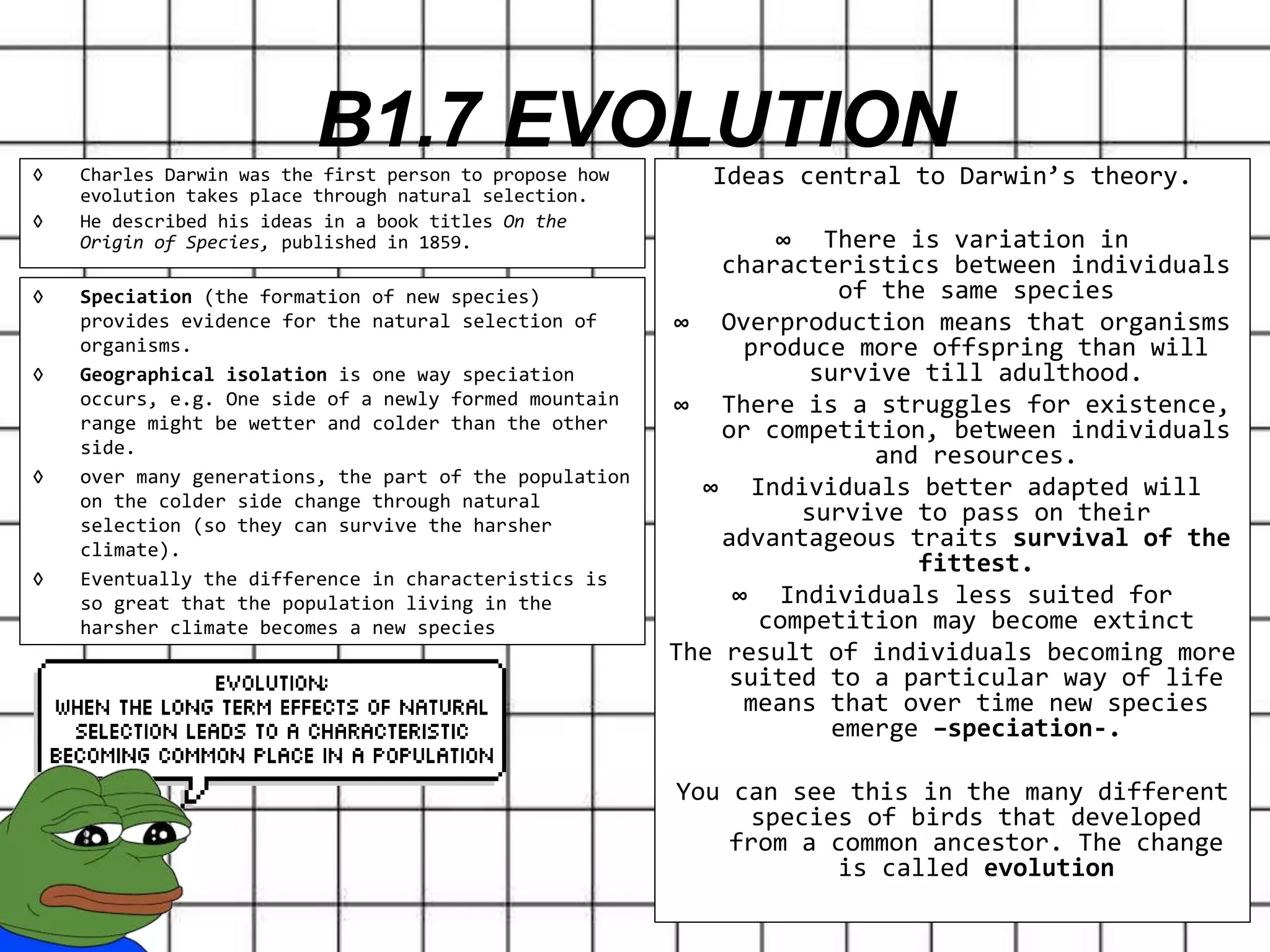 ◊ Charles Darwin was the first person to propose how
evolution takes place through natural selection.
◊ He described his ideas in a book titles On the
Origin of Species, published in 1859.
B1.7 EVOLUTIONIdeas central to Darwin’s theory.
∞ There is variation in
characteristics between individuals
of the same species
∞ Overproduction means that organisms
produce more offspring than will
survive till adulthood.
∞ There is a struggles for existence,
or competition, between individuals
and resources.
∞ Individuals better adapted will
survive to pass on their
advantageous traits survival of the
fittest.
∞ Individuals less suited for
competition may become extinct
The result of individuals becoming more
suited to a particular way of life
means that over time new species
emerge –speciation-.
You can see this in the many different
species of birds that developed
from a common ancestor. The change
is called evolution
◊ Speciation (the formation of new species)
provides evidence for the natural selection of
organisms.
◊ Geographical isolation is one way speciation
occurs, e.g. One side of a newly formed mountain
range might be wetter and colder than the other
side.
◊ over many generations, the part of the population
on the colder side change through natural
selection (so they can survive the harsher
climate).
◊ Eventually the difference in characteristics is
so great that the population living in the
harsher climate becomes a new species
 