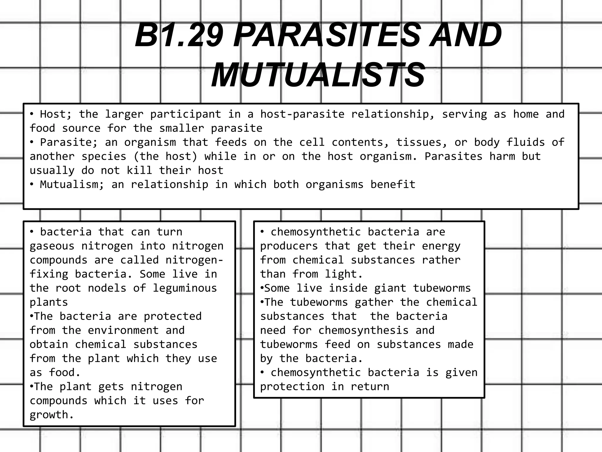 B1.29 PARASITES AND
MUTUALISTS
• Host; the larger participant in a host-parasite relationship, serving as home and
food source for the smaller parasite
• Parasite; an organism that feeds on the cell contents, tissues, or body fluids of
another species (the host) while in or on the host organism. Parasites harm but
usually do not kill their host
• Mutualism; an relationship in which both organisms benefit
• bacteria that can turn
gaseous nitrogen into nitrogen
compounds are called nitrogen-
fixing bacteria. Some live in
the root nodels of leguminous
plants
•The bacteria are protected
from the environment and
obtain chemical substances
from the plant which they use
as food.
•The plant gets nitrogen
compounds which it uses for
growth.
• chemosynthetic bacteria are
producers that get their energy
from chemical substances rather
than from light.
•Some live inside giant tubeworms
•The tubeworms gather the chemical
substances that the bacteria
need for chemosynthesis and
tubeworms feed on substances made
by the bacteria.
• chemosynthetic bacteria is given
protection in return
 