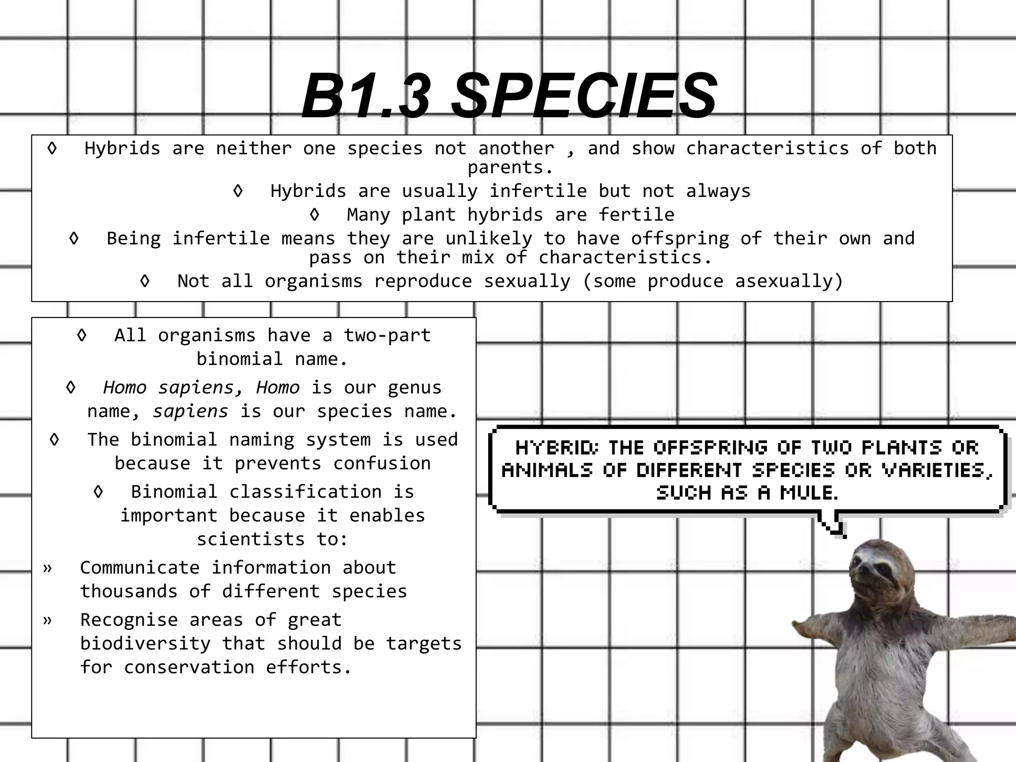◊ Hybrids are neither one species not another , and show characteristics of both
parents.
◊ Hybrids are usually infertile but not always
◊ Many plant hybrids are fertile
◊ Being infertile means they are unlikely to have offspring of their own and
pass on their mix of characteristics.
◊ Not all organisms reproduce sexually (some produce asexually)
B1.3 SPECIES
◊ All organisms have a two-part
binomial name.
◊ Homo sapiens, Homo is our genus
name, sapiens is our species name.
◊ The binomial naming system is used
because it prevents confusion
◊ Binomial classification is
important because it enables
scientists to:
» Communicate information about
thousands of different species
» Recognise areas of great
biodiversity that should be targets
for conservation efforts.
 