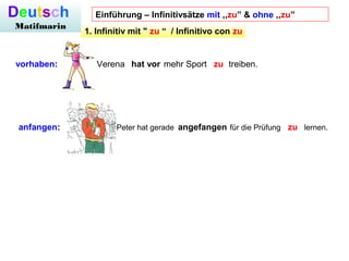 Deutsch
Matifmarin
vorhaben: Verena mehr Sport treiben.
anfangen: Peter hat gerade für die Prüfung lernen.
hat vor zu
angefangen zu
1. Infinitiv mit " zu “ / Infinitivo con zu
Einführung – Infinitivsätze mit ,,zu” & ohne ,,zu”
 