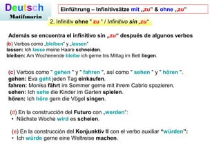 Deutsch
Matifmarin
Einführung – Infinitivsätze mit ,,zu” & ohne ,,zu”
2. Infinitiv ohne " zu “ / Infinitivo sin „zu“
Además se encuentra el infinitivo sin „zu“ después de algunos verbos
(b) Verbos como „bleiben“ y „lassen“
lassen: Ich lasse meine Haare schneiden.
bleiben: Am Wochenende bleibe ich gerne bis Mittag im Bett liegen.
(c) Verbos como " gehen " y " fahren ", así como " sehen " y " hören ".
gehen: Eva geht jeden Tag einkaufen.
fahren: Monika fährt im Sommer gerne mit ihrem Cabrio spazieren.
sehen: Ich sehe die Kinder im Garten spielen.
hören: Ich höre gern die Vögel singen.
(e) En la construcción del Konjunktiv II con el verbo auxiliar “würden”:
• Ich würde gerne eine Weltreise machen.
(d) En la construcción del Futuro con „werden“:
• Nächste Woche wird es scheien.
 