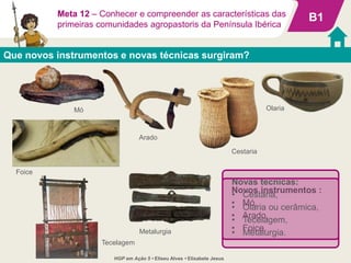 Novos instrumentos :
• Mó,
• Arado,
• Foice.
Novas técnicas:
• Cestaria,
• Olaria ou cerâmica,
• Tecelagem,
• Metalurgia.
Olaria
Foice
B1
Que novos instrumentos e novas técnicas surgiram?
Mó
Arado
Meta 12 – Conhecer e compreender as características das
primeiras comunidades agropastoris da Península Ibérica
Tecelagem
Cestaria
Metalurgia
HGP em Ação 5 • Eliseu Alves • Elisabete Jesus
 