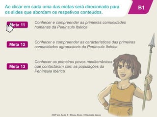 Ao clicar em cada uma das metas será direcionado para
os slides que abordam os respetivos conteúdos.
B1
Conhecer e compreender as primeiras comunidades
humanas da Península Ibérica
Meta 11
Conhecer os primeiros povos mediterrânicos
que contactaram com as populações da
Península Ibérica
Meta 13
Conhecer e compreender as características das primeiras
comunidades agropastoris da Península Ibérica
Meta 12
HGP em Ação 5 • Eliseu Alves • Elisabete Jesus
 