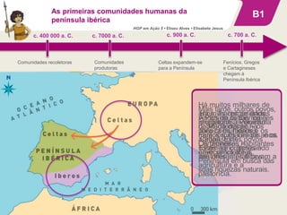 As primeiras comunidades humanas da
península ibérica
B1
A Península Ibérica é
habitada desde há
muitos milhares de anos.
Os primeiros habitantes
eram recoletores.
Há muitos milhares de
anos, as comunidades
recoletoras evoluíram
para comunidades
agropastoris.
Estes agricultores e
pastores já praticavam a
agricultura e a
pastorícia.
Há milhares de anos,
chegaram à Península
Ibérica os Iberos e os
Celtas. Estes povos
foram-se organizando
em diferentes tribos…
Mais tarde, outros povos,
vindos de outras regiões
do Mediterrâneo – os
Fenícios, os Gregos e os
Cartagineses –
navegaram até à
Península em busca das
suas riquezas naturais.
c. 400 000 a. C. c. 7000 a. C.
Comunidades recoletoras Comunidades
produtoras
c. 700 a. C.
Fenícios, Gregos
e Cartagineses
chegam à
Península Ibérica
c. 900 a. C.
Celtas expandem-se
para a Península
HGP em Ação 5 • Eliseu Alves • Elisabete Jesus
 