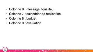• Colonne 6 : message, tonalité,...
• Colonne 7 : calendrier de réalisation
• Colonne 8 : budget
• Colonne 9 : évaluation
 