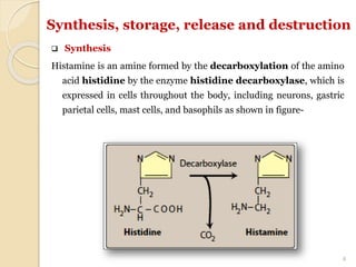  Synthesis
Histamine is an amine formed by the decarboxylation of the amino
acid histidine by the enzyme histidine decarboxylase, which is
expressed in cells throughout the body, including neurons, gastric
parietal cells, mast cells, and basophils as shown in figure-
Synthesis, storage, release and destruction
4
 