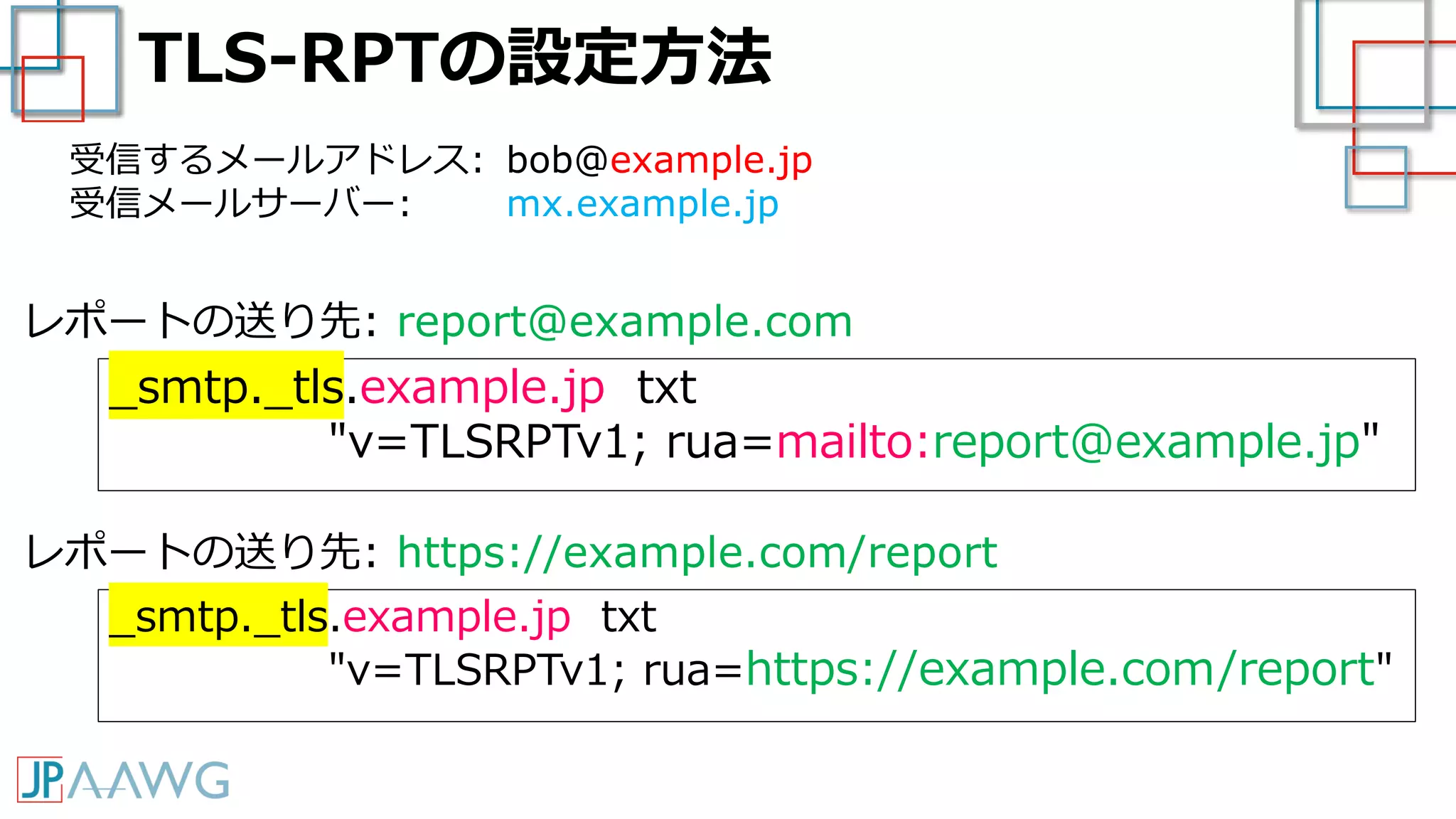 TLS-RPTの設定方法
_smtp._tls.example.jp txt
"v=TLSRPTv1; rua=mailto:report@example.jp"
受信するメールアドレス: bob@example.jp
受信メールサーバー: mx.example.jp
レポートの送り先: report@example.com
_smtp._tls.example.jp txt
"v=TLSRPTv1; rua=https://example.com/report"
レポートの送り先: https://example.com/report
 