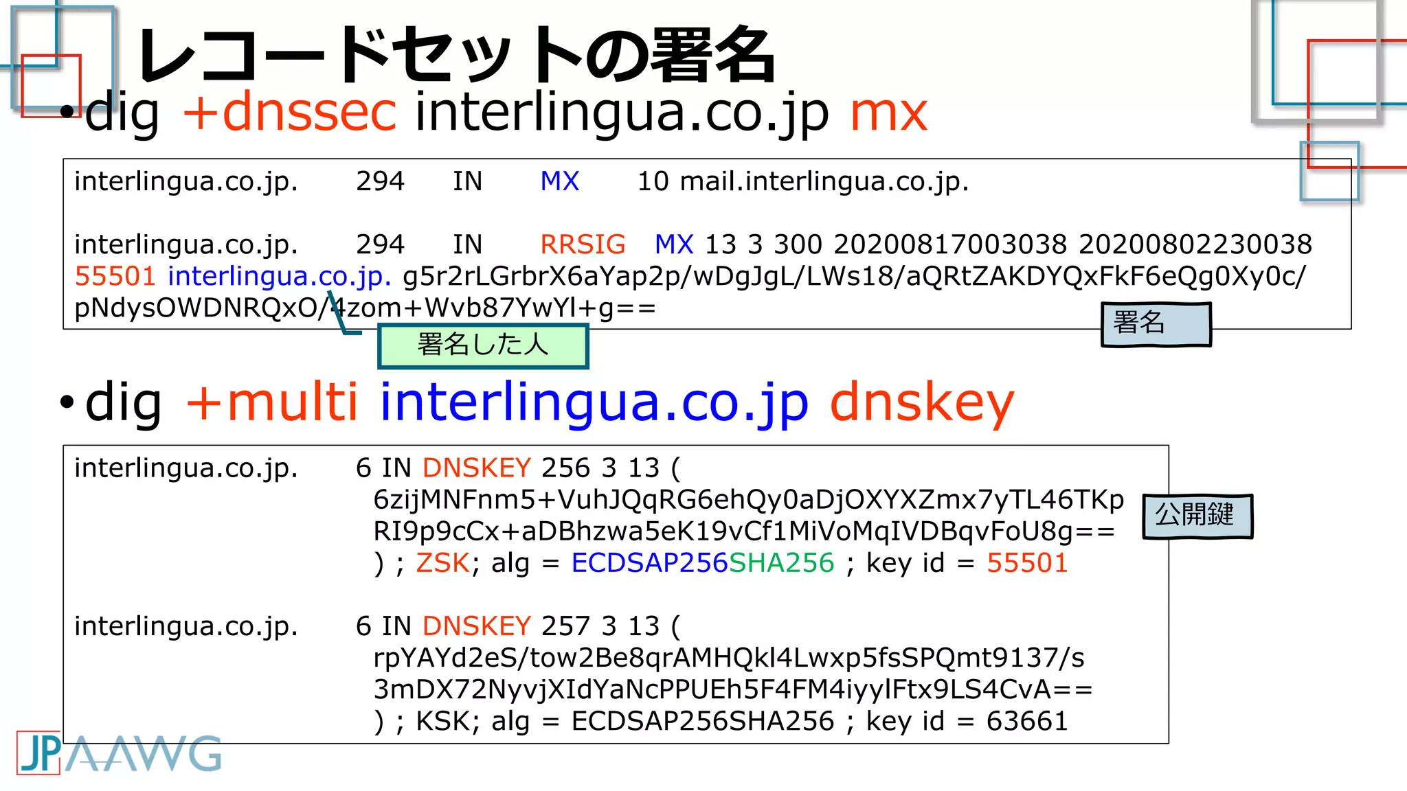 レコードセットの署名
•dig +dnssec interlingua.co.jp mx
interlingua.co.jp. 294 IN MX 10 mail.interlingua.co.jp.
interlingua.co.jp. 294 IN RRSIG MX 13 3 300 20200817003038 20200802230038
55501 interlingua.co.jp. g5r2rLGrbrX6aYap2p/wDgJgL/LWs18/aQRtZAKDYQxFkF6eQg0Xy0c/
pNdysOWDNRQxO/4zom+Wvb87YwYl+g==
interlingua.co.jp. 6 IN DNSKEY 256 3 13 (
6zijMNFnm5+VuhJQqRG6ehQy0aDjOXYXZmx7yTL46TKp
RI9p9cCx+aDBhzwa5eK19vCf1MiVoMqIVDBqvFoU8g==
) ; ZSK; alg = ECDSAP256SHA256 ; key id = 55501
interlingua.co.jp. 6 IN DNSKEY 257 3 13 (
rpYAYd2eS/tow2Be8qrAMHQkl4Lwxp5fsSPQmt9137/s
3mDX72NyvjXIdYaNcPPUEh5F4FM4iyylFtx9LS4CvA==
) ; KSK; alg = ECDSAP256SHA256 ; key id = 63661
•dig +multi interlingua.co.jp dnskey
署名
公開鍵
署名した人
 
