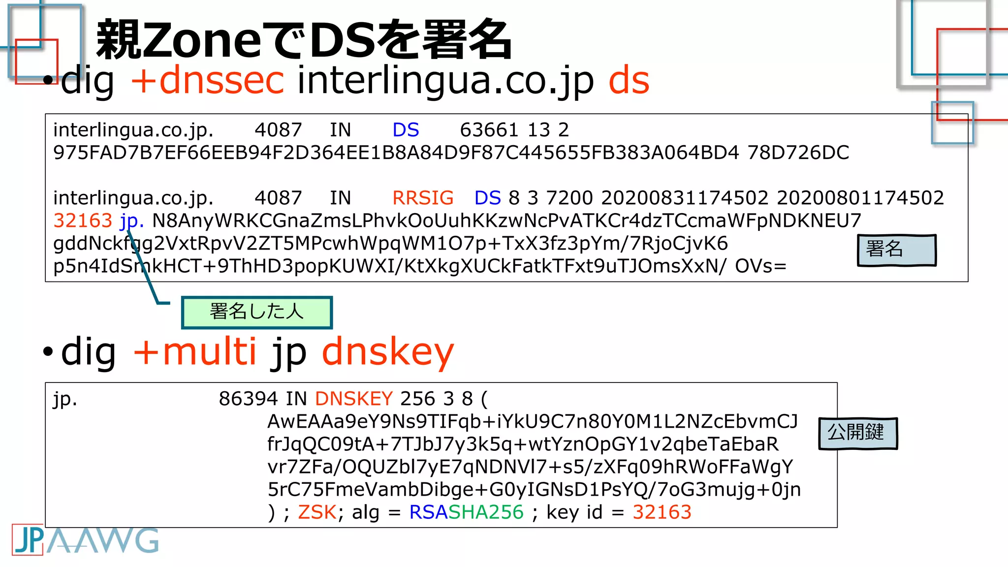 親ZoneでDSを署名
•dig +dnssec interlingua.co.jp ds
interlingua.co.jp. 4087 IN DS 63661 13 2
975FAD7B7EF66EEB94F2D364EE1B8A84D9F87C445655FB383A064BD4 78D726DC
interlingua.co.jp. 4087 IN RRSIG DS 8 3 7200 20200831174502 20200801174502
32163 jp. N8AnyWRKCGnaZmsLPhvkOoUuhKKzwNcPvATKCr4dzTCcmaWFpNDKNEU7
gddNckfgg2VxtRpvV2ZT5MPcwhWpqWM1O7p+TxX3fz3pYm/7RjoCjvK6
p5n4IdSmkHCT+9ThHD3popKUWXI/KtXkgXUCkFatkTFxt9uTJOmsXxN/ OVs=
jp. 86394 IN DNSKEY 256 3 8 (
AwEAAa9eY9Ns9TIFqb+iYkU9C7n80Y0M1L2NZcEbvmCJ
frJqQC09tA+7TJbJ7y3k5q+wtYznOpGY1v2qbeTaEbaR
vr7ZFa/OQUZbl7yE7qNDNVl7+s5/zXFq09hRWoFFaWgY
5rC75FmeVambDibge+G0yIGNsD1PsYQ/7oG3mujg+0jn
) ; ZSK; alg = RSASHA256 ; key id = 32163
•dig +multi jp dnskey
署名
公開鍵
署名した人
 