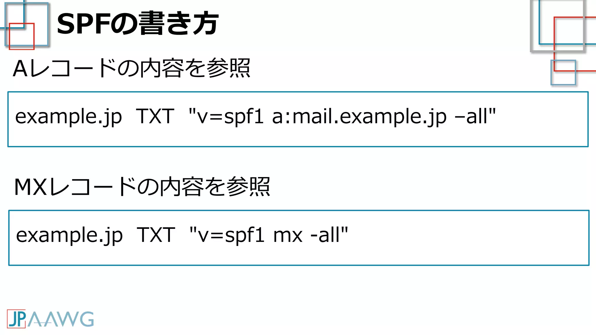 SPFの書き方
example.jp TXT "v=spf1 a:mail.example.jp –all"
Aレコードの内容を参照
example.jp TXT "v=spf1 mx -all"
MXレコードの内容を参照
 