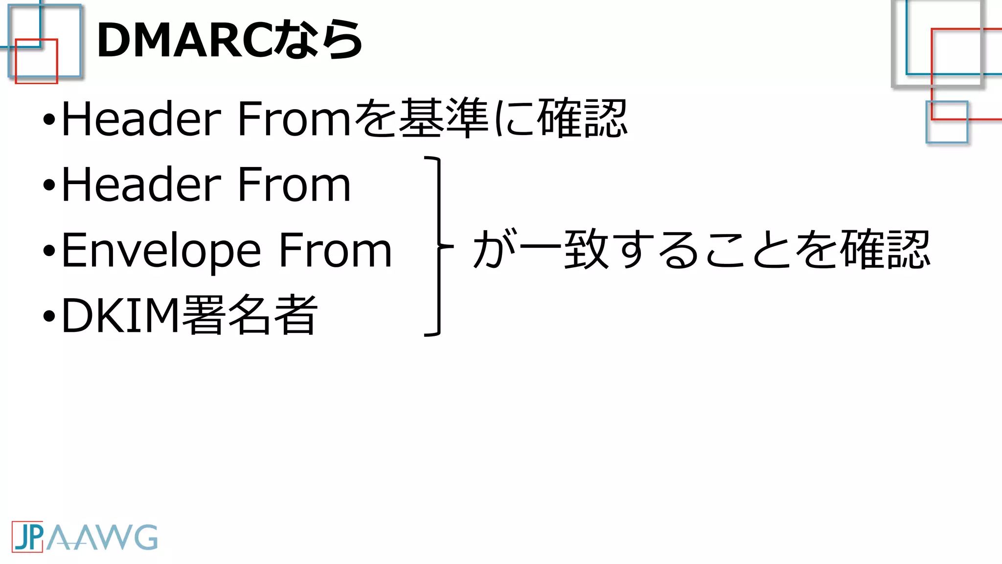 DMARCなら
•Header Fromを基準に確認
•Header From
•Envelope From が一致することを確認
•DKIM署名者
 