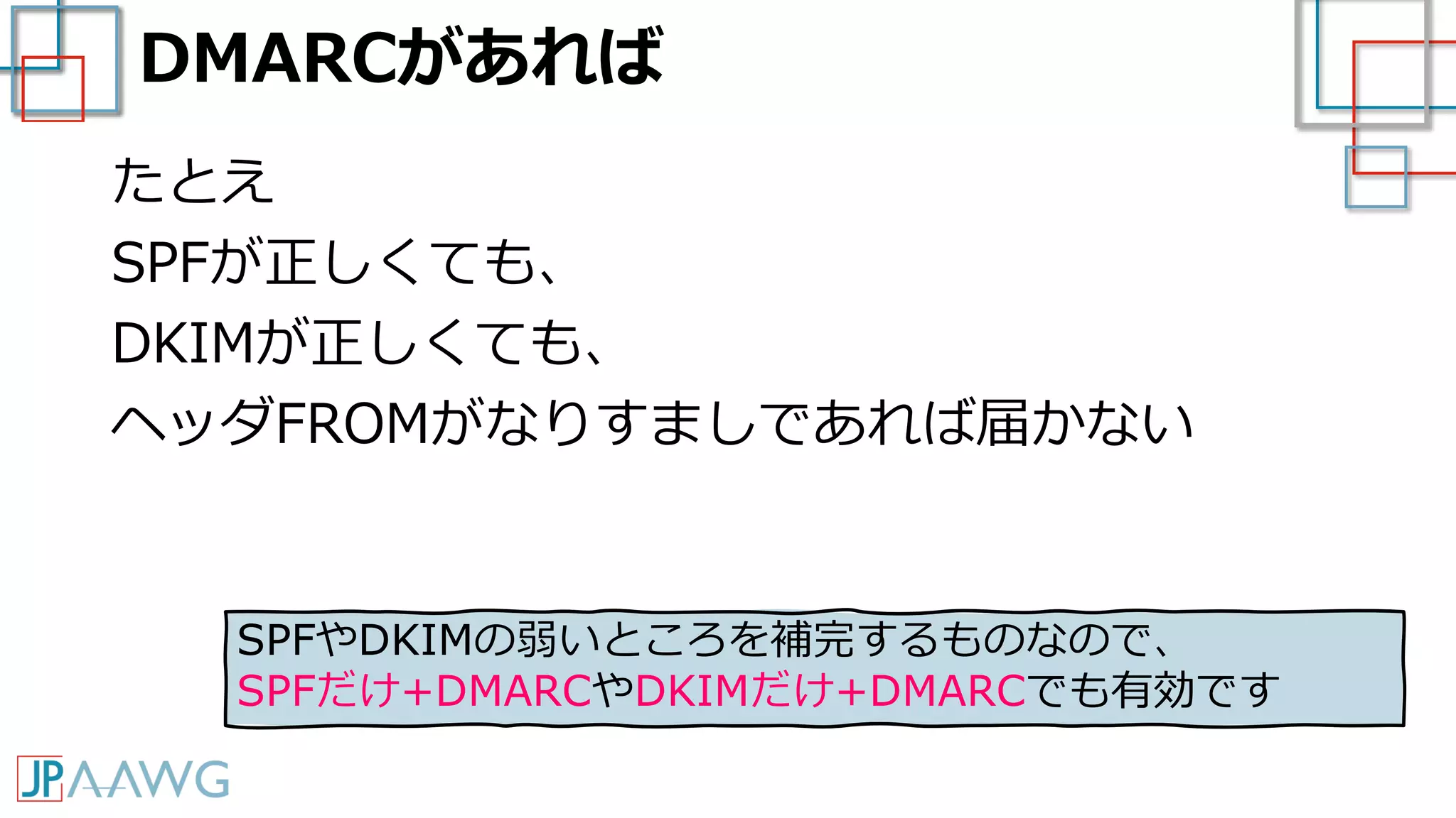 DMARCがあれば
たとえ
SPFが正しくても、
DKIMが正しくても、
ヘッダFROMがなりすましであれば届かない
SPFやDKIMの弱いところを補完するものなので、
SPFだけ+DMARCやDKIMだけ+DMARCでも有効です
 