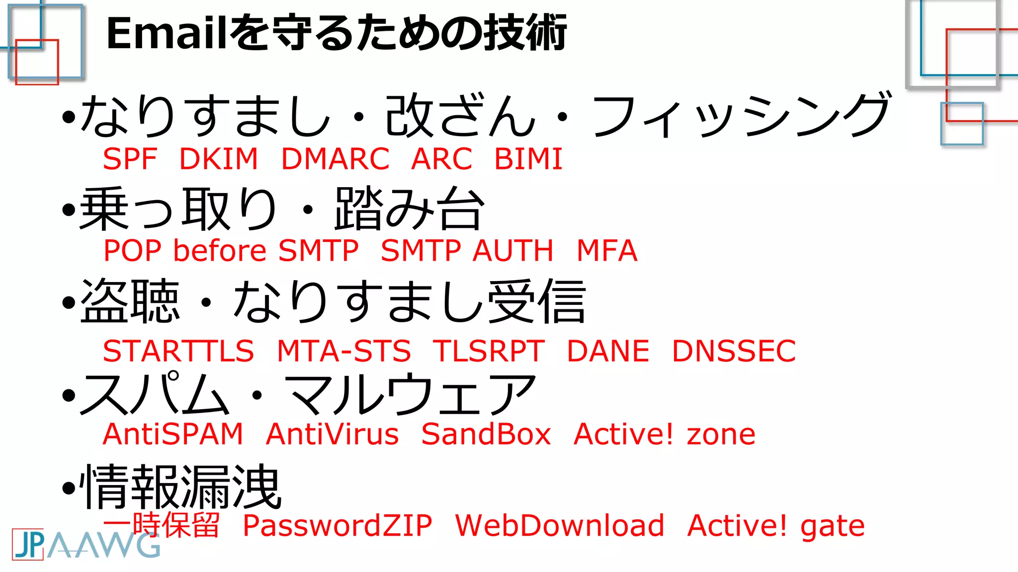 Emailを守るための技術
•なりすまし・改ざん・フィッシング
•乗っ取り・踏み台
•盗聴・なりすまし受信
•スパム・マルウェア
•情報漏洩
SPF DKIM DMARC ARC BIMI
POP before SMTP SMTP AUTH MFA
STARTTLS MTA-STS TLSRPT DANE DNSSEC
AntiSPAM AntiVirus SandBox Active! zone
一時保留 PasswordZIP WebDownload Active! gate
 