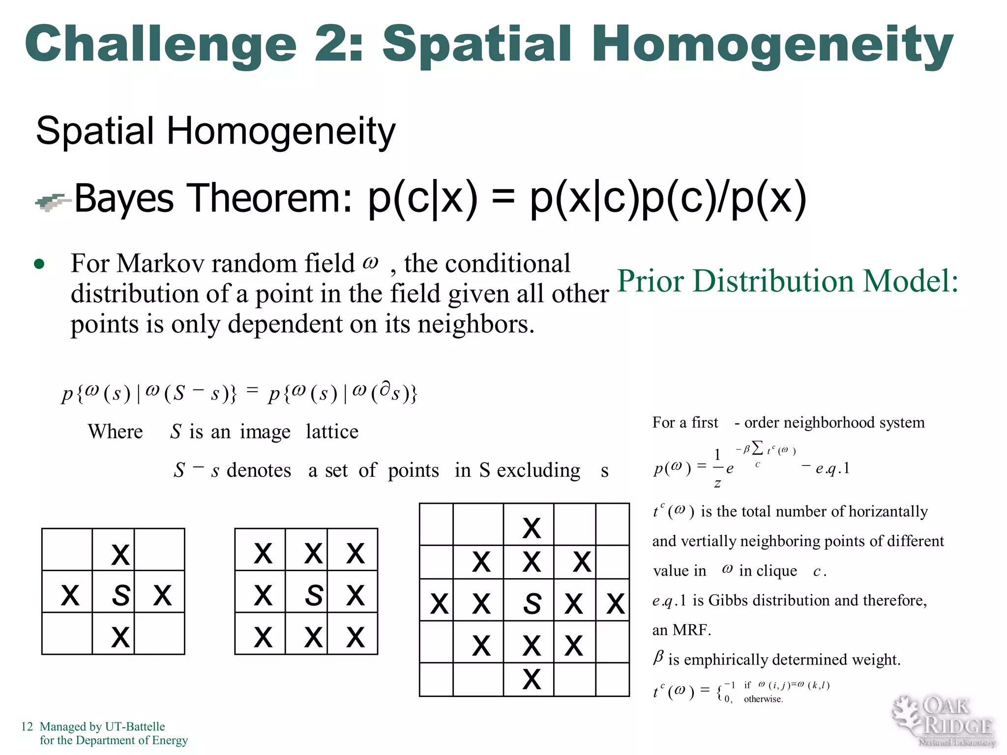 Challenge 2: Spatial Homogeneity
Spatial Homogeneity
Bayes Theorem: p(c|x) = p(x|c)p(c)/p(x)
For Markov random field , the conditional
distribution of a point in the field given all other Prior Distribution Model:
points is only dependent on its neighbors.
p{ ( s ) |
Where

(S

s )}

p{ ( s ) |

( s )}
For a first - order neighborhood system

S is an image lattice
S

s denotes a set of points in S excluding s

p( )

1
z

c

t (

e

C

)

e.q.1

c

x
x s x
x
12 Managed by UT-Battelle
for the Department of Energy

x x x
x s x
x x x

x
x x x
x x s x x
x x x
x

t ( ) is the total number of horizantally
and vertially neighboring points of different
value in

in clique c .

e.q.1 is Gibbs distribution and therefore,
an MRF.
is emphirically determined weight.
c

t ( )

1 if
( i, j )
otherwise.

{ 0,

( k ,l )

 