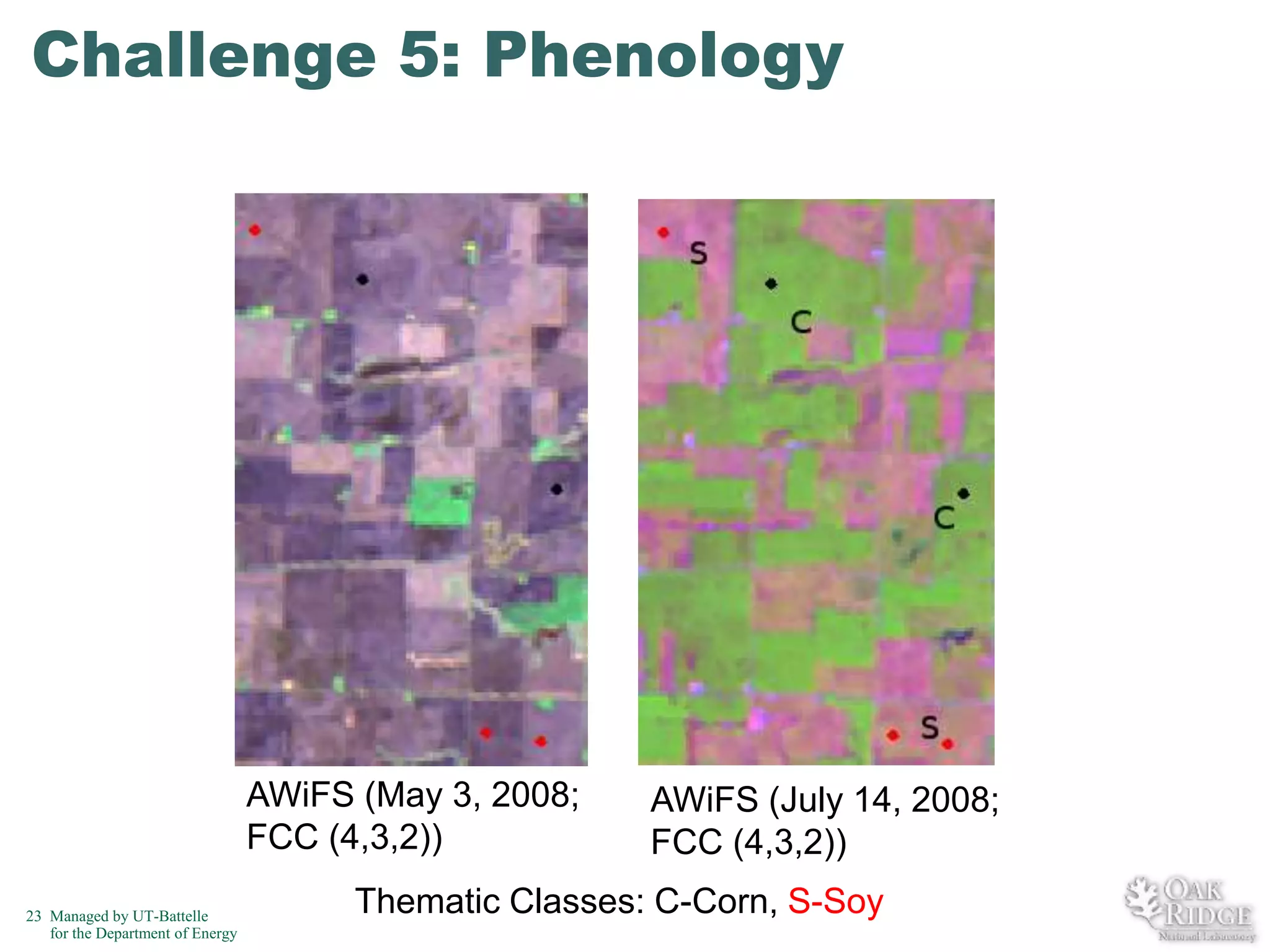 Challenge 5: Phenology

AWiFS (May 3, 2008;
FCC (4,3,2))
23 Managed by UT-Battelle
for the Department of Energy

AWiFS (July 14, 2008;
FCC (4,3,2))

Thematic Classes: C-Corn, S-Soy

 
