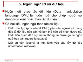 5. Ngôn ngữ cơ sở dữ liệu
 Ngôn ngữ thao tác dữ liệu (Data manipulation
language: DML) là ngôn ngữ cho phép người sử
dụng truy xuất hoặc thao tác dữ liệu.
 Có hai kiểu ngôn ngữ thao tác dữ liệu:
- DML thủ tục (procedural DML) yêu cầu người sử dụng
đặc tả dữ liệu nào cần và làm thế nào để nhận được nó.
DML liên quan đến sự tìm lại thông tin được gọi là ngôn
ngữ truy vấn (query language)
- Một tin vấn (query) là một lệnh yêu cầu lấy dữ liệu
(information retrieval)
02/13/19 08:44 16
 