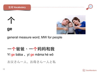 个
ge
general measure word; MW for people
一个爸爸、一个妈妈和我
Yí ge bàba 、yí ge māma hé wǒ
お父さん一人、お母さん一人と私
12
 