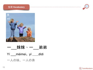 一___妹妹、一___弟弟
Yí ___mèimei、yí ＿＿dìdi
一人の妹、一人の弟
13
我
wǒ
 