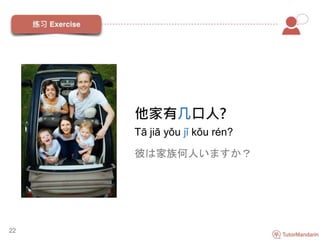 22
他家有几口人?
Tā jiā yǒu jǐ kǒu rén?
彼は家族何人いますか？
 