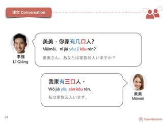 美美
Měiměi
美美，你家有几口人?
Měiměi，nǐ jiā yǒu jǐ kǒu rén?
美美さん、あなたは家族何人いますか？
我家有三口人。
Wǒ jiā yǒu sān kǒu rén.
私は家族三人います。
24
李強
Lǐ Qiáng
 