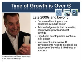 Time of Growth is Over 
Late 2000s and beyond:
• Decreased funding across
education & public sector
• Acknowledgements that innovation
can provide growth and cost
savings
• Significant developments continue
in IT sector
• Investment in innovative IT
developments need to be based on
evidence of benefits & likelihood of
success
19
“You want how much? And no evidence
it will work! You’re crazy!”
 