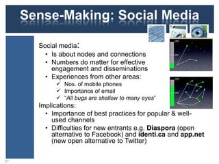 Sense-Making: Social Media
Social media:
• Is about nodes and connections
• Numbers do matter for effective
engagement and disseminations
• Experiences from other areas:
 Nos. of mobile phones
 Importance of email
 “All bugs are shallow to many eyes”
Implications:
• Importance of best practices for popular & well-
used channels
• Difficulties for new entrants e.g. Diaspora (open
alternative to Facebook) and identi.ca and app.net
(new open alternative to Twitter)
37
 
