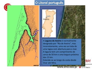 A Laguna de Aveiro é normalmente
designada por "Ria de Aveiro", mas
incorretamente, uma vez se trata de
uma lagoa com abertura para o mar.
A laguna tem um comprimento de
cerca de 50 km e uma largura próxima
dos 15 km.
Estende-se ao longo da costa desde
Ovar até Mira.
 