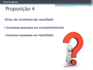 Proposição 4
Teoria da Agência
•Grau de incerteza do resultado
+ Contratos baseados em comportamento
- Contratos baseados em resultado.
 
