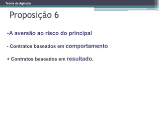 Proposição 6
Teoria da Agência
•A aversão ao risco do principal
- Contratos baseados em comportamento
+ Contratos baseados em resultado.
 