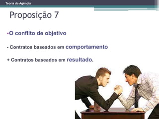 Proposição 7
Teoria da Agência
•O conflito de objetivo
- Contratos baseados em comportamento
+ Contratos baseados em resultado.
 