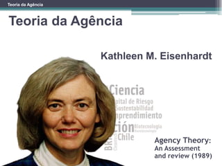 Teoria da Agência
Teoria da Agência
Kathleen M. Eisenhardt
Agency Theory:
An Assessment
and review (1989)
 