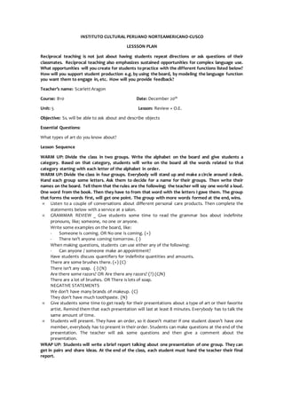 INSTITUTO CULTURAL PERUANO NORTEAMERICANO-CUSCO
LESSSON PLAN
Reciprocal teaching is not just about having students repeat directions or ask questions of their
classmates. Reciprocal teaching also emphasizes sustained opportunities for complex language use.
What opportunities will you create for students topractice with the different functions listed below?
How will you support student production e.g. by using the board, by modeling the language function
you want them to engage in, etc. How will you provide feedback?
Teacher’s name: Scarlett Aragon
Course: B10 Date: December 20th
Unit: 5 Lesson: Review + O.E.
Objective: Ss. will be able to ask about and describe objects
Essential Questions:
What types of art do you know about?
Lesson Sequence
WARM UP: Divide the class in two groups. Write the alphabet on the board and give students a
category. Based on that category, students will write on the board all the words related to that
category starting with each letter of the alphabet in order.
WARM UP: Divide the class in four groups. Everybody will stand up and make a circle around a desk.
Hand each group some letters. Ask them to decide for a name for their groups. Then write their
names on the board. Tell them that the rules are the following; the teacher will say one world a loud.
One word from the book. Then they have to from that word with the letters I gave them. The group
that forms the words first, will get one point. The group with more words formed at the end, wins.
 Listen to a couple of conversations about different personal care products. Then complete the
statements below with a service at a salon.
 GRAMMAR REVIEW _ Give students some time to read the grammar box about indefinite
pronouns, like; someone, no one or anyone.
Write some examples on the board, like:
- Someone is coming. OR No one is coming. (+)
- There isn’t anyone coming tomorrow. (-)
When making questions, students can use either any of the following:
- Can anyone / someone make an appointment?
Have students discuss quantifiers for indefinite quantities and amounts.
There are some brushes there. (+) (C)
There isn’t any soap. (-) (N)
Are there some razors? OR Are there any razors? (?) (C/N)
There are a lot of brushes. OR There is lots of soap.
NEGATIVE STATEMENTS
We don’t have many brands of makeup. (C)
They don’t have much toothpaste. (N)
 Give students some time to get ready for their presentations about a type of art or their favorite
artist. Remind them that each presentation will last at least 8 minutes. Everybody has to talk the
same amount of time.
 Students will present. They have an order, so it doesn’t matter if one student doesn’t have one
member, everybody has to present in their order. Students can make questions at the end of the
presentation. The teacher will ask some questions and then give a comment about the
presentation.
WRAP UP: Students will write a brief report talking about one presentation of one group. They can
get in pairs and share ideas. At the end of the class, each student must hand the teacher their final
report.
 