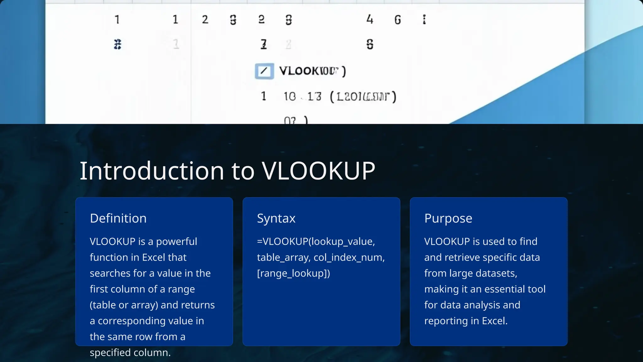 Introduction to VLOOKUP
Definition
VLOOKUP is a powerful
function in Excel that
searches for a value in the
first column of a range
(table or array) and returns
a corresponding value in
the same row from a
specified column.
Syntax
=VLOOKUP(lookup_value,
table_array, col_index_num,
[range_lookup])
Purpose
VLOOKUP is used to find
and retrieve specific data
from large datasets,
making it an essential tool
for data analysis and
reporting in Excel.
 