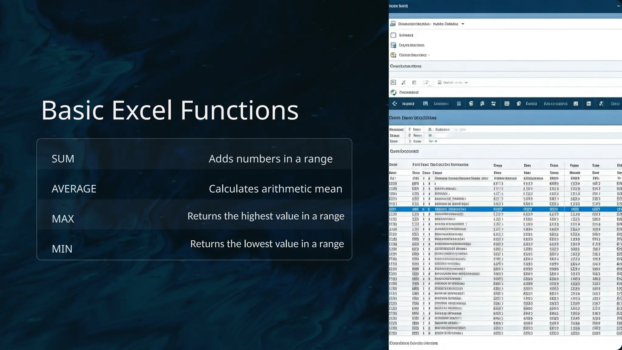 Basic Excel Functions
SUM Adds numbers in a range
AVERAGE Calculates arithmetic mean
MAX Returns the highest value in a range
MIN
Returns the lowest value in a range
 