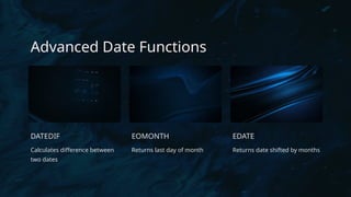 Advanced Date Functions
DATEDIF
Calculates difference between
two dates
EOMONTH
Returns last day of month
EDATE
Returns date shifted by months
 