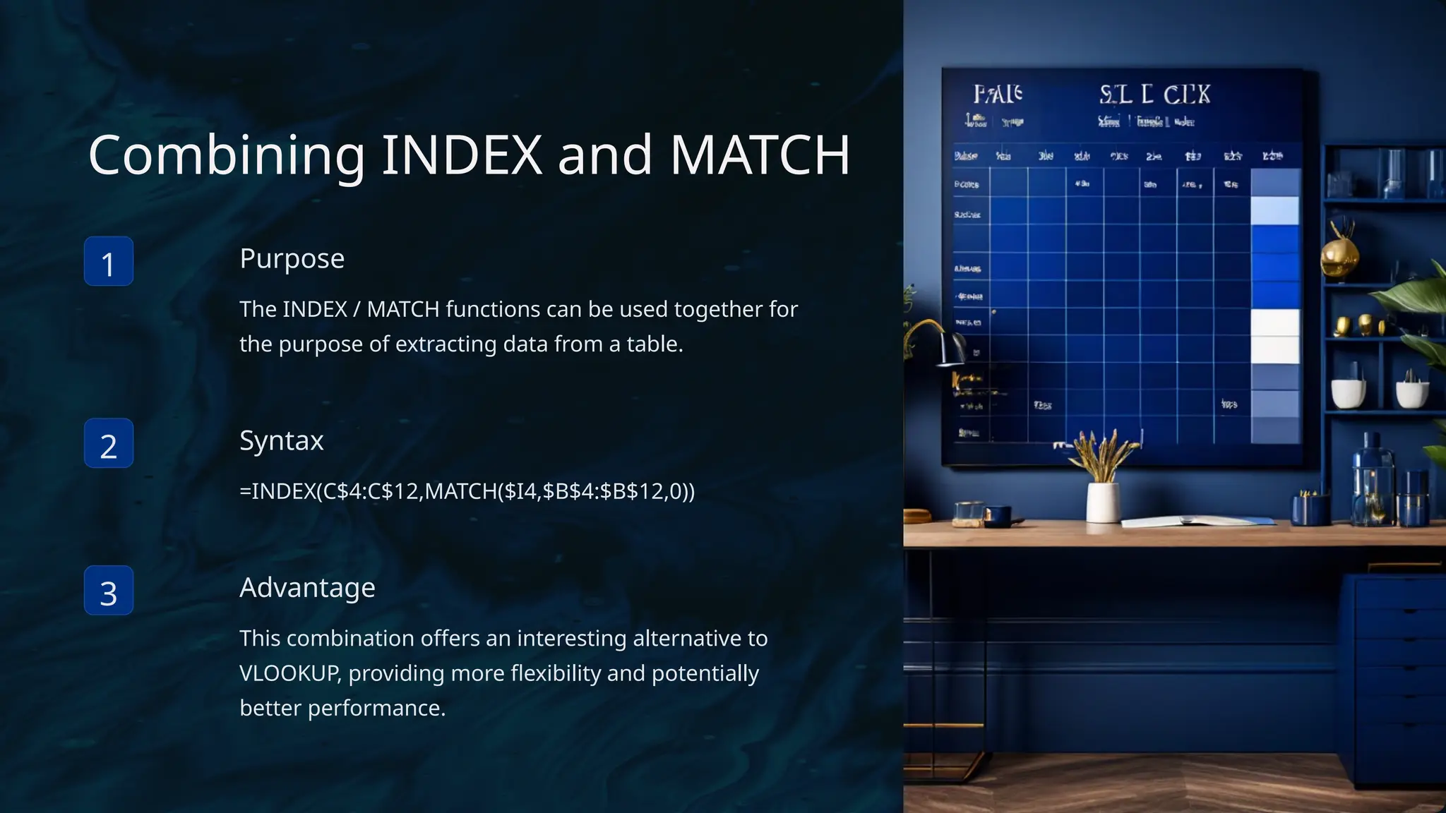 Combining INDEX and MATCH
1 Purpose
The INDEX / MATCH functions can be used together for
the purpose of extracting data from a table.
2 Syntax
=INDEX(C$4:C$12,MATCH($I4,$B$4:$B$12,0))
3 Advantage
This combination offers an interesting alternative to
VLOOKUP, providing more flexibility and potentially
better performance.
 