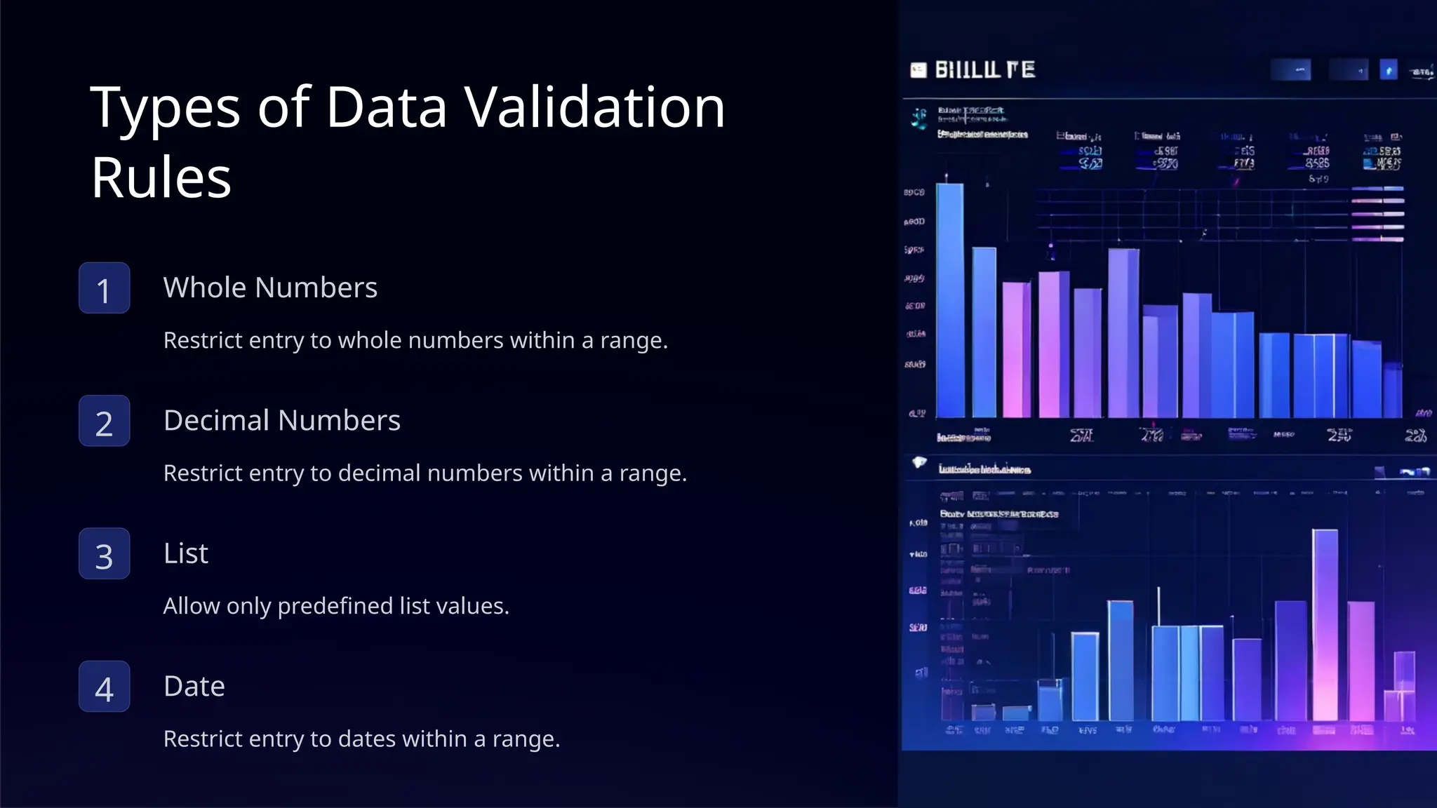 Types of Data Validation
Rules
1 Whole Numbers
Restrict entry to whole numbers within a range.
2 Decimal Numbers
Restrict entry to decimal numbers within a range.
3 List
Allow only predefined list values.
4 Date
Restrict entry to dates within a range.
 