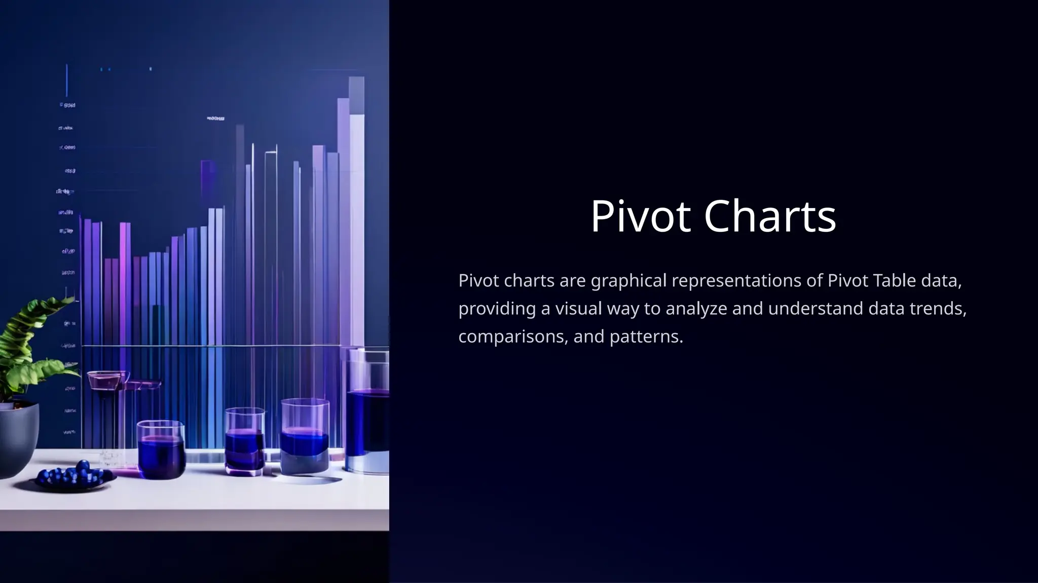 Pivot Charts
Pivot charts are graphical representations of Pivot Table data,
providing a visual way to analyze and understand data trends,
comparisons, and patterns.
 