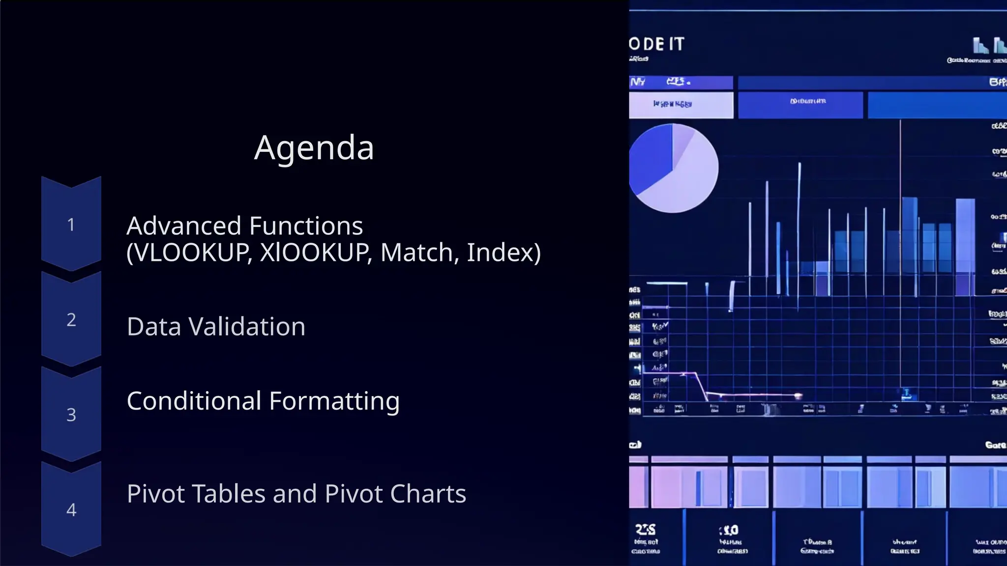 Agenda
Advanced Functions
(VLOOKUP, XlOOKUP, Match, Index)
Data Validation
Conditional Formatting
Pivot Tables and Pivot Charts
 