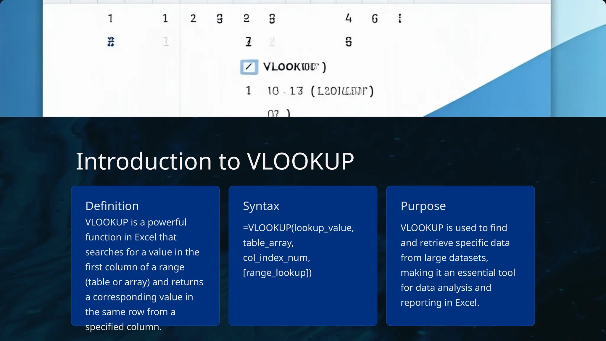 Introduction to VLOOKUP
Definition
VLOOKUP is a powerful
function in Excel that
searches for a value in the
first column of a range
(table or array) and returns
a corresponding value in
the same row from a
specified column.
Syntax
=VLOOKUP(lookup_value,
table_array,
col_index_num,
[range_lookup])
Purpose
VLOOKUP is used to find
and retrieve specific data
from large datasets,
making it an essential tool
for data analysis and
reporting in Excel.
 