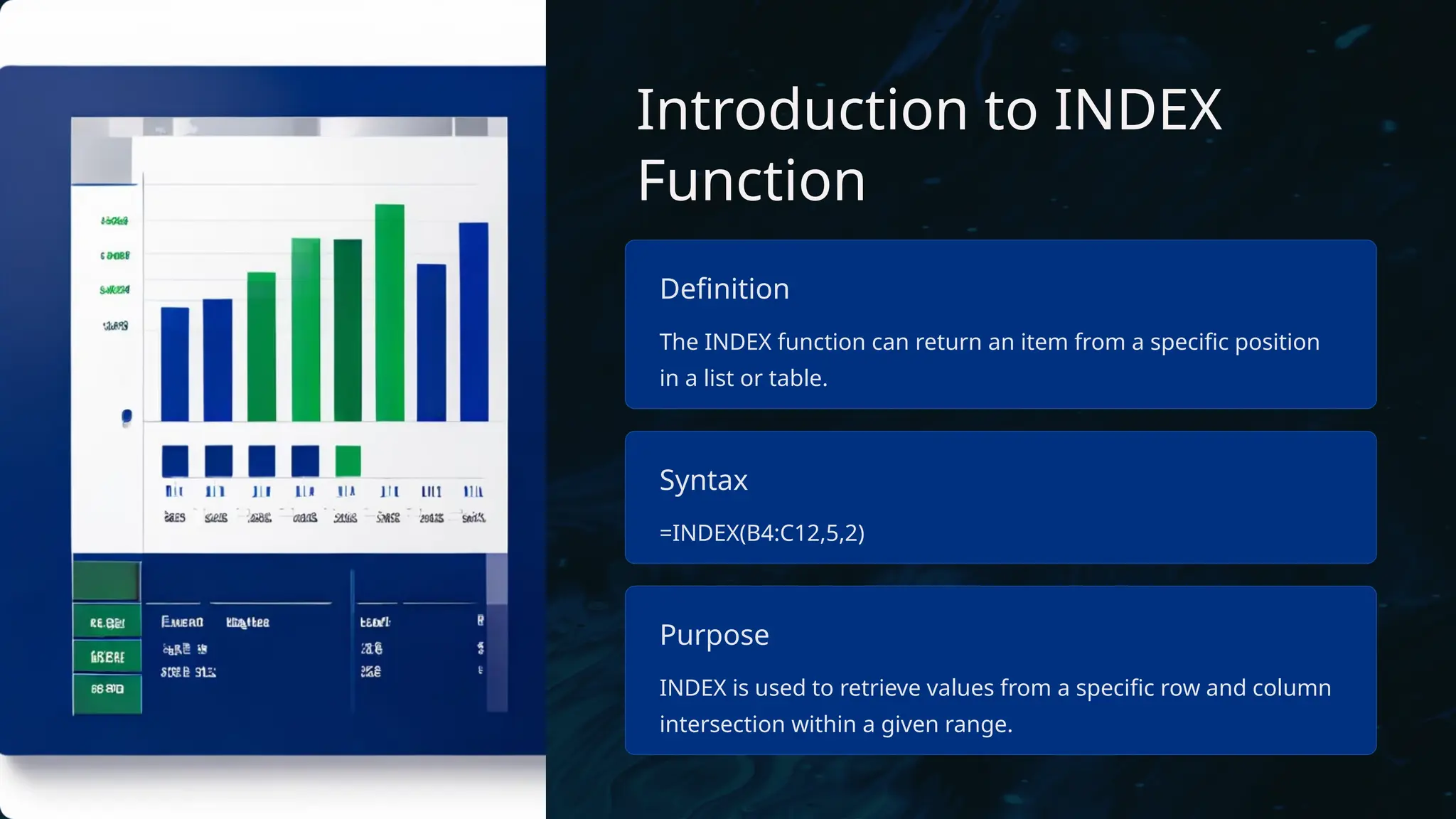 Introduction to INDEX
Function
Definition
The INDEX function can return an item from a specific position
in a list or table.
Syntax
=INDEX(B4:C12,5,2)
Purpose
INDEX is used to retrieve values from a specific row and column
intersection within a given range.
 